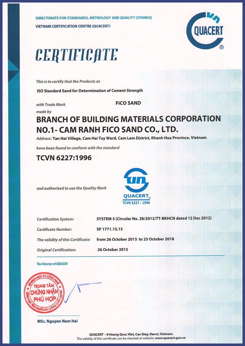 Certificate: Standard sand TCVN 6227: 1996